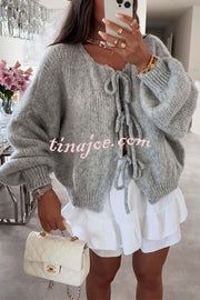 Solid Color Long-sleeved V-neck Lace-up Loose Knitted Sweater