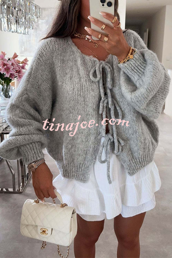 Solid Color Long-sleeved V-neck Lace-up Loose Knitted Sweater