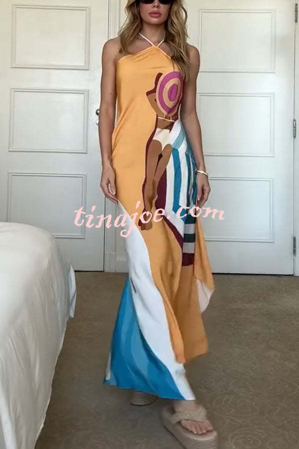 Sun and Sea Unique Print Side Button Rope Halter A-line Maxi Dress