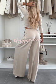 Solid Color Round Neck Long Sleeve Twist Crop Top and Elastic Waist Pocket Wide Leg Pants Set