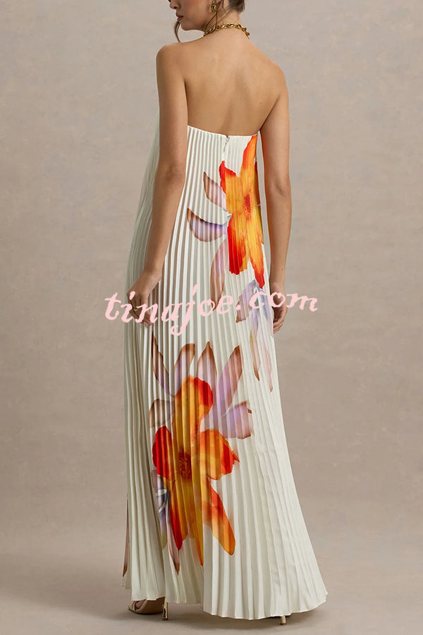 For Every Occasion Satin Pleated Floral Print V-wire Bandeau Neck Maxi Dress