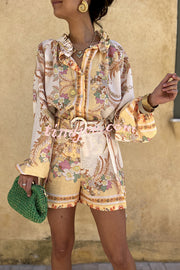 Botanical Print Palace Style Stand-up Collar Lantern Sleeve Loose Top and Casual Shorts Set