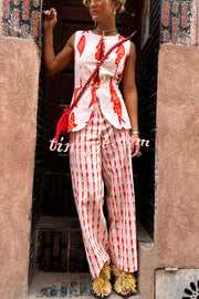 Good Luck Linen Blend Koi Pattern High Rise Elastic Waist Loose Pants