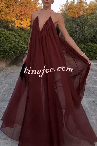 Flowing Lightweight Chiffon Chain Halter Neck Detail Backless A-line Maxi Dress