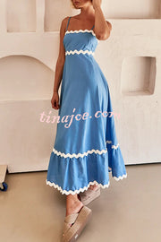 Bayside Beauty Wave Trim Patchwork Back Smocked Suspender Maxi Dress