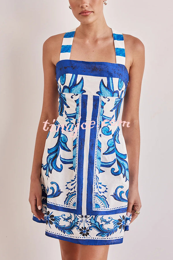 Channeling Summer Linen Blend Unique Print Wide Strap Pocketed Mini Dress