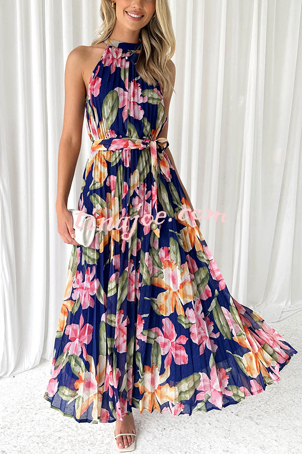 Delicate Floral Print Halterneck Lace Up Pleated Maxi Dress