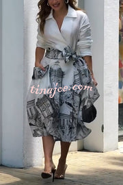 Jiles Linen Blend Unique Contrast Print Long Sleeve Tie-up Pocket Shirt Midi Dress