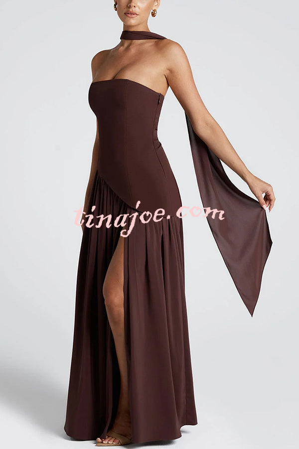 Elegant Off Shopulder Chiffon Pleated Hem Scarf Slit Maxi Dress