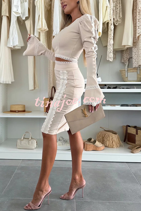Career Beauty Lace Paneled Long Bell Sleeve Crop Top and High Rise Mini Skirt Set