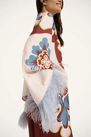 Bohemian Dreams Unique Print High Neck Feather Trim Bell Sleeve Top