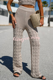 Solid Color Hollow Sleeveless Round Neck Knitted Vest and Stretch Casual Straight Pants Set