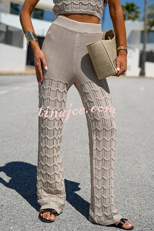Solid Color Hollow Sleeveless Round Neck Knitted Vest and Stretch Casual Straight Pants Set