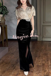 Elegant V-neck Sequined Velvet Stitching Sexy Slit Maxi Dress