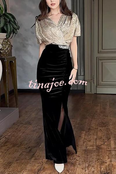 Elegant V-neck Sequined Velvet Stitching Sexy Slit Maxi Dress