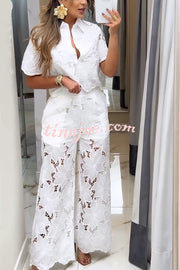 Solid Color Hollow Lace Lapel Short-sleeved Top and Elastic Waist Loose Pocket Pants Set