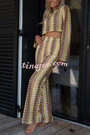 Tamia Knit Colorful Wave Unique Print Crop Top and Stretch Wide Leg Pants Set