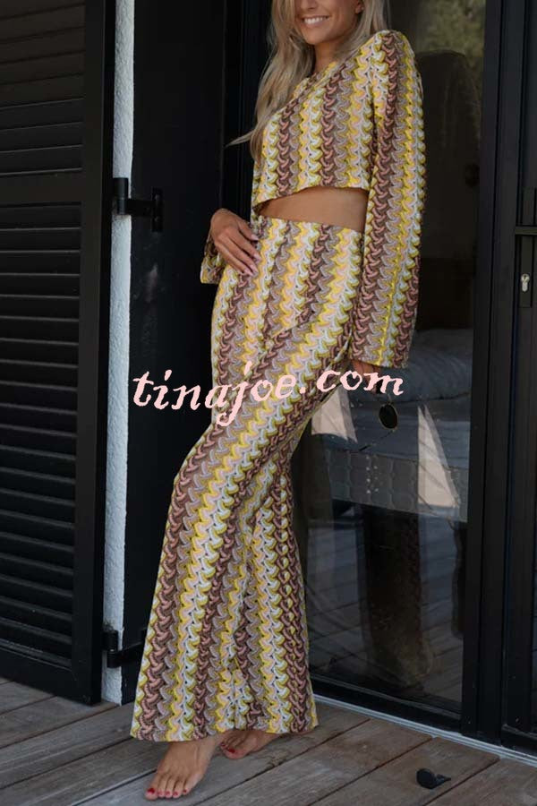 Tamia Knit Colorful Wave Unique Print Crop Top and Stretch Wide Leg Pants Set
