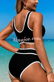 Solid Color Contrast High Waist Stretch Bikini Swimsuit