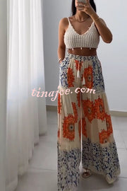 Unique Print Elastic High Waist Tie Pocket Holiday Style Wide Leg Pants