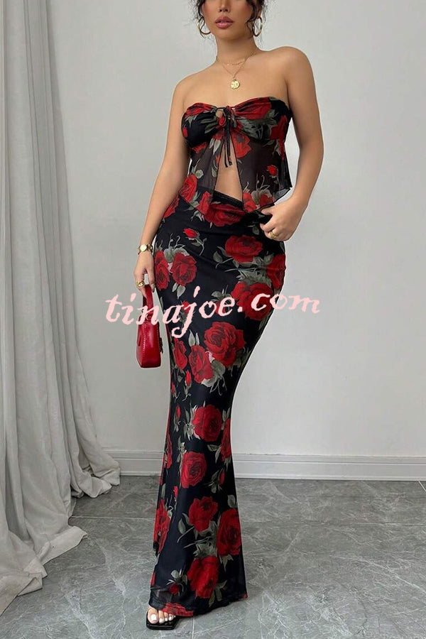 Floral Print Sexy Bandeau Lace-up Top and Slim Mesh Stretch Maxi Skirt Set