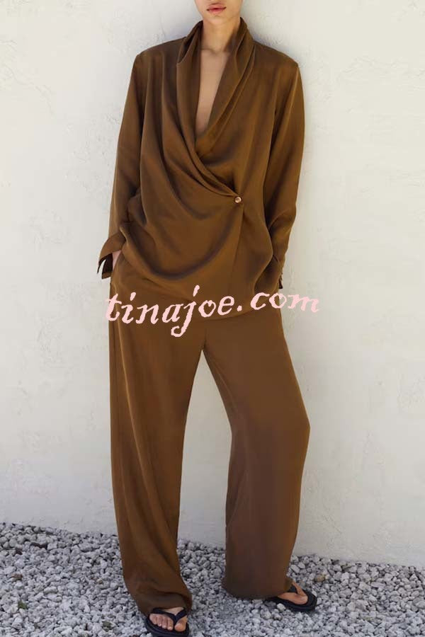Bella Satin Drape Collar Single Button Casual Blazer and Elastic Waist Pocket Loose Pants Set