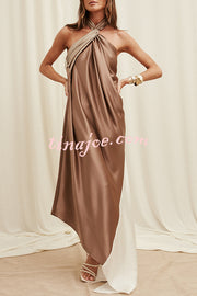 Elegant Whisper Satin Colorblock Halter Asymmetrical Hem Drape Maxi Dress