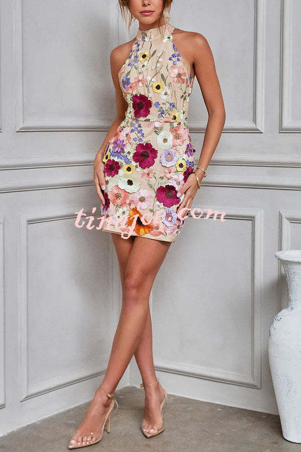 Wish Upon A Dream Floral Applique Halter Mini Dress