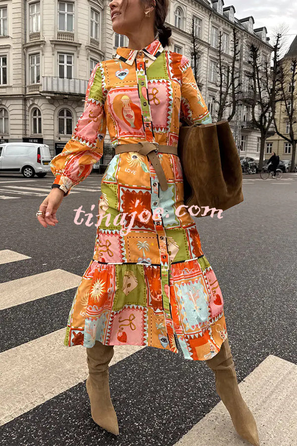 Linen Blend Unique Printed Long Sleeve Lapel Tie-waist Midi Dress