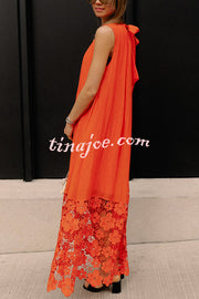 Breezy Comfort Tie-up Neck Sleeveless Floral Lace Hem Maxi Dress
