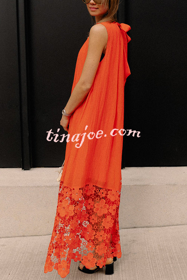 Breezy Comfort Tie-up Neck Sleeveless Floral Lace Hem Maxi Dress