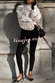 Fashionable Embroidered Flower Loose Puff Sleeve Hollow Top