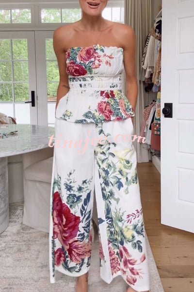In To The Summer Linen Blend Floral Print Elastic Bandeau and Elastic Waist Pocket Loose Pants Set