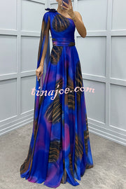 Lucia Unique Print Floral Detail One Shoulder Draped Sleeve Gown Maxi Dress