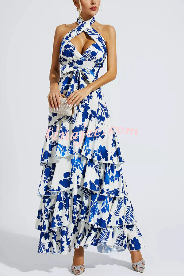 Gorgeous Styling Botanical Print Halter Neck Open Back Tiered Hem Maxi Dress