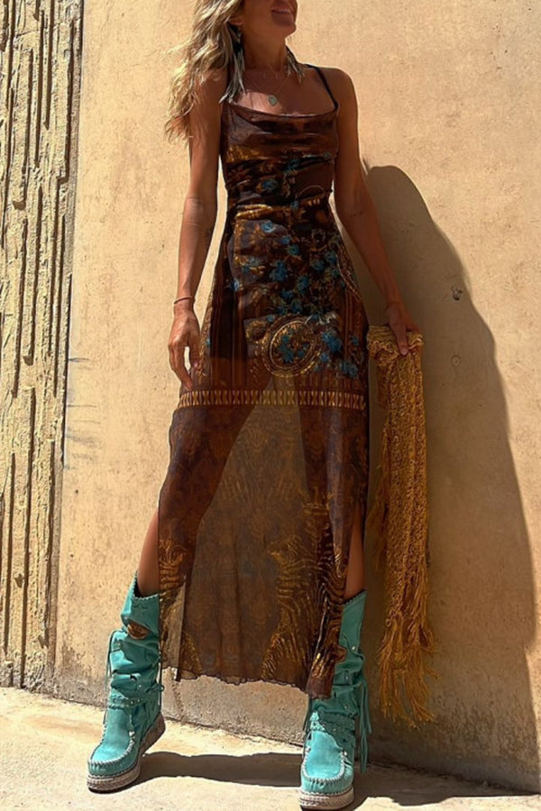 Gypsy Style Unique Print Cowl Neck Back Lace-up Slit Midi Dress