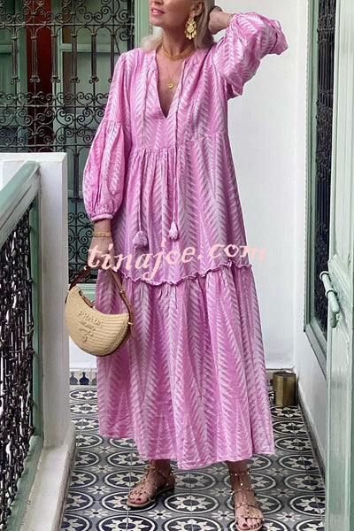 Marrakech Stories Linen Blend Printed Balloon Sleeve Pocketed A-line Midi Dress