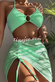 Commuting Style Suspender Pleated Hoop Three Pieces Swimsuit Set