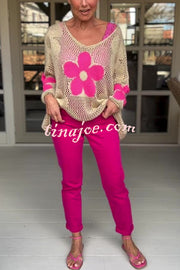 Embroidered Flower Hollow Long-sleeved Holiday Loose Knitted Top