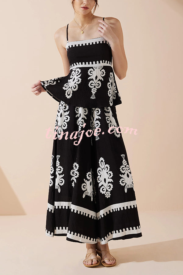 Unique Ethnic Print Suspender Pleated Top and Elastic Waist Loose Wide-leg Pants Set