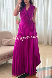 Solid Color Lapel Sleeveless Waist Tie Pleated Wide-leg Jumpsuit
