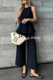 Solid Color Round Neck Sleeveless Casual Top and Loose Straight Pants Set
