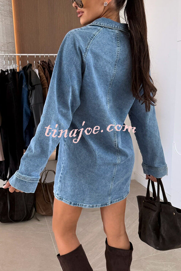Fashion Lapel Long Sleeve Loose Denim Mini Dress