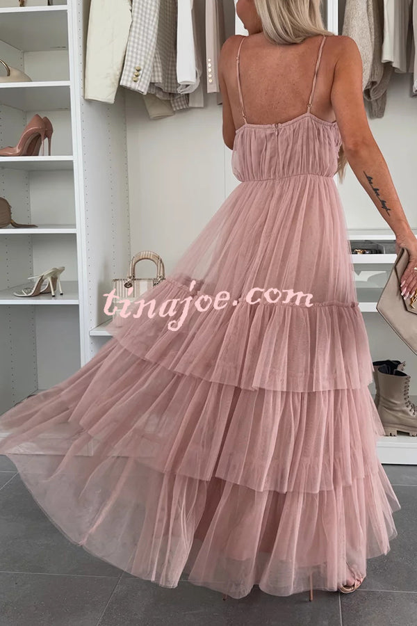 Romantic Movie Tulle Ruched Tiered Hem Slip Maxi Dress