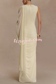 Fashionable Mesh Shawl Sleeveless Slim Fit Pleated Maxi Dress