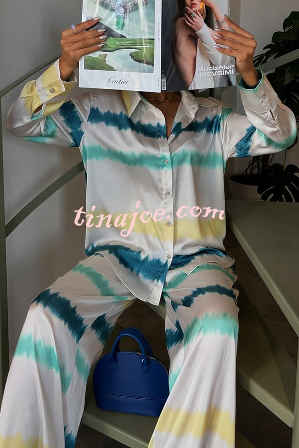 Lizbeth Satin Tie Dye Print Long Sleeve Shirt and Elastic Waist Pocketed Pants Set