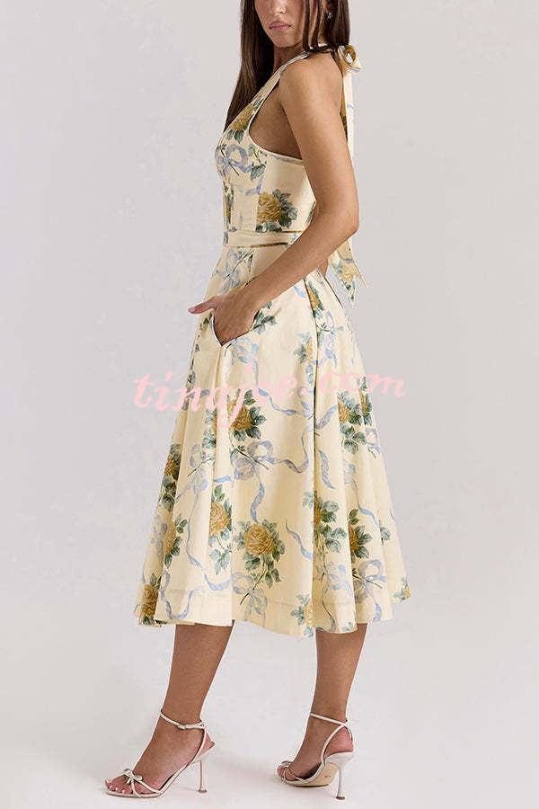 Resort Star Floral Print Waist Halterneck Tie Pocket Midi Dress