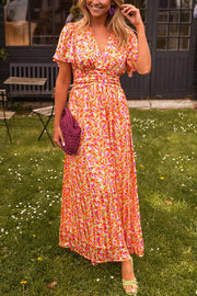 Floral Print V-Neck Short Sleeve Waist Maxi Dress
