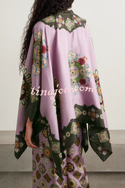 Satin Unique Print Loose Batwing Sleeve Top and Elastic Waist Pocket Casual Wide-leg Pants Set