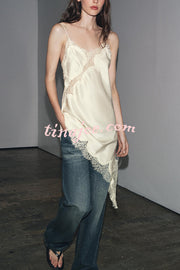 Satin Lace Trim V-neck Asymmetrical Hem Slip Mini Dress